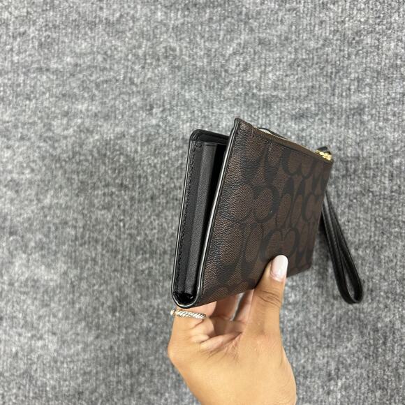 Coach Tech Phone Wallet Signature Canvas Brown Leather Wristlet Card Case - Picture 6 of 11